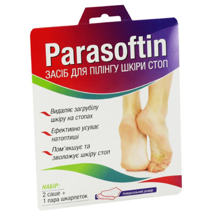 Фото Parasoftin (Парасофтин) средство для пилинга кожи стоп, 2 саше по 20 мл, 1 пара носков